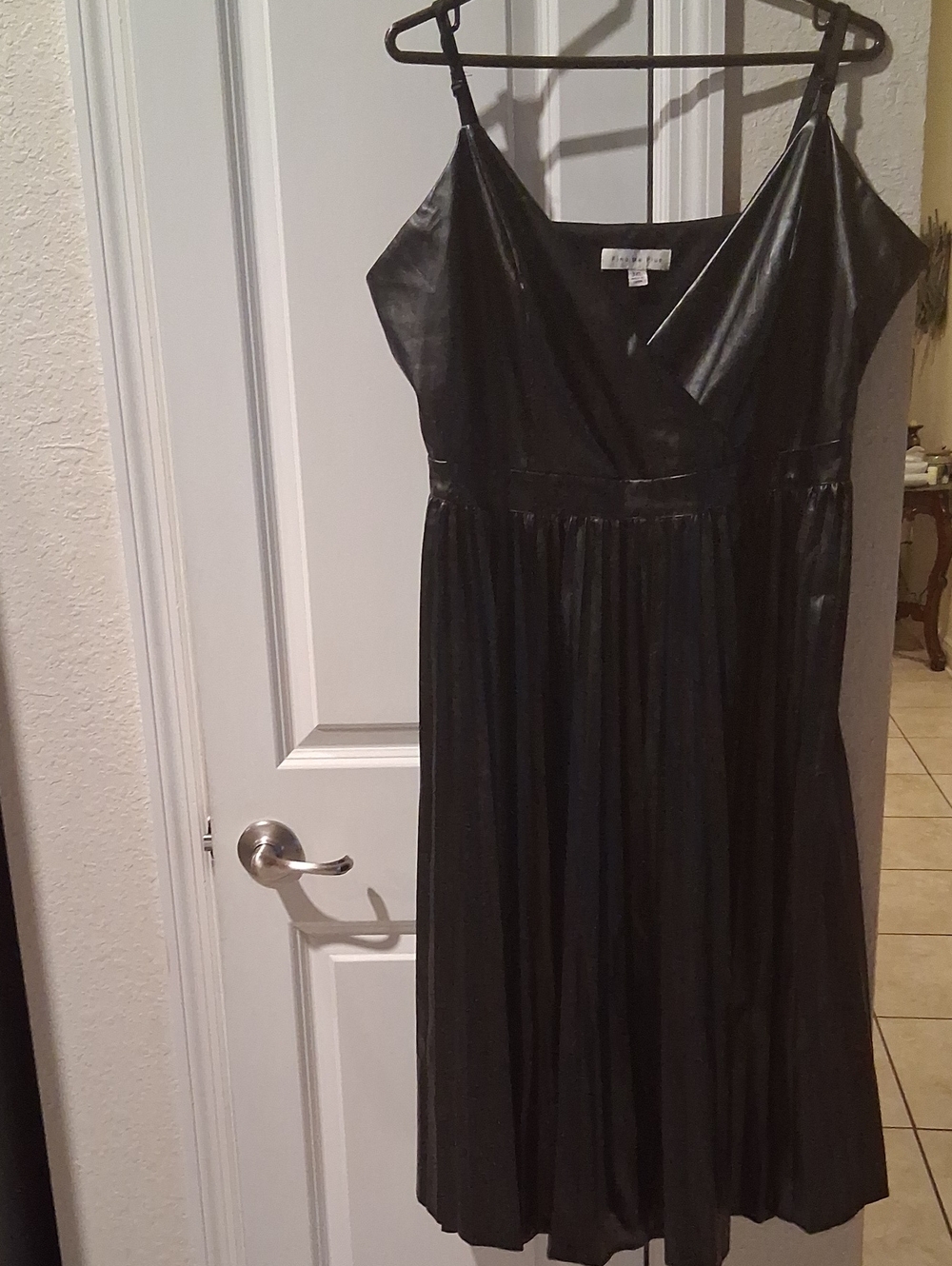 Black Faux-Leather V-Neck Pleated Women’s Dress
